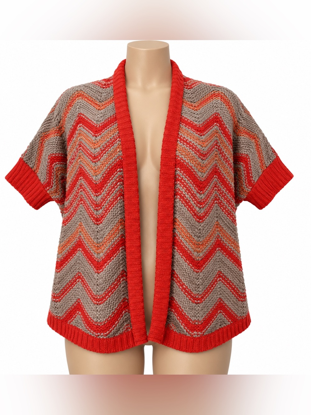 LOFT Women XS/S Chevron Open Front Cardigan Alpaca Wool Knit Oatmeal Red Orange